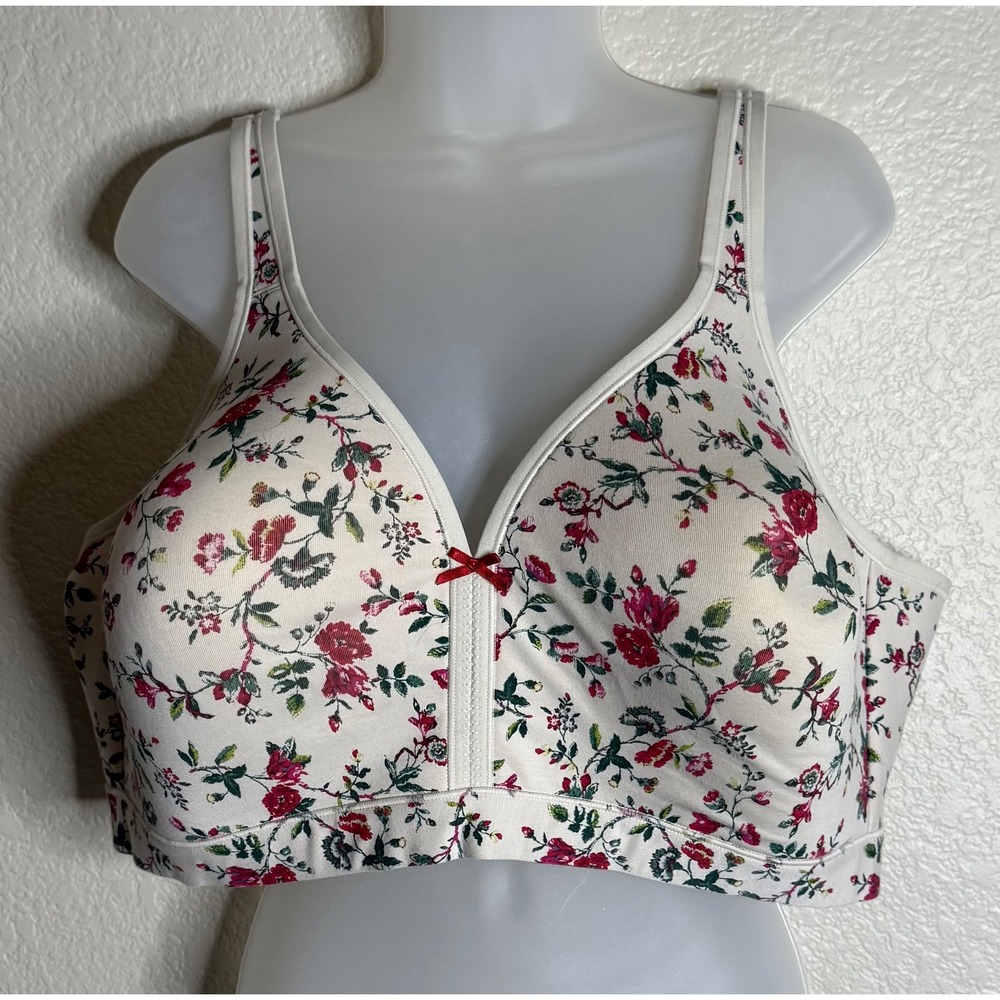 Cacique Womens 46DD No Wire Bra‎ Cream Red Floral Lightly Lined Comfort Chic